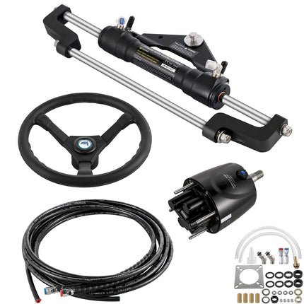 Hydraulic Boat Steering Kit, 300HP Hydraulic Steering Kit Helm Pump, Cylinder, Wheel, 24 Feet Hose Hydraulic Steering Seal Kit, Corrosion-Resistant Boat Steering System Marine Steering Kit