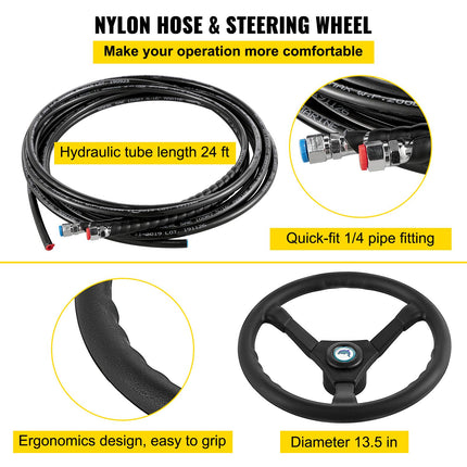 Hydraulic Boat Steering Kit, 300HP Hydraulic Steering Kit Helm Pump, Cylinder, Wheel, 24 Feet Hose Hydraulic Steering Seal Kit, Corrosion-Resistant Boat Steering System Marine Steering Kit
