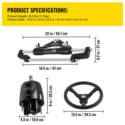 Hydraulic Boat Steering Kit, 300HP Hydraulic Steering Kit Helm Pump, Cylinder, Wheel, 24 Feet Hose Hydraulic Steering Seal Kit, Corrosion-Resistant Boat Steering System Marine Steering Kit