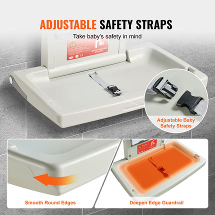 Wall-Mounted Baby Changing Station, Horizontal Foldable Diaper Change Table with Safety Straps and Hanging Rods, Use in Commercial Bathrooms, Daycare Centers for Newborns & Infant