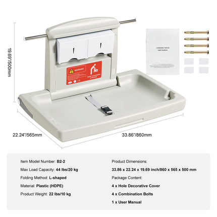 Wall-Mounted Baby Changing Station, Horizontal Foldable Diaper Change Table with Safety Straps and Hanging Rods, Use in Commercial Bathrooms, Daycare Centers for Newborns & Infant