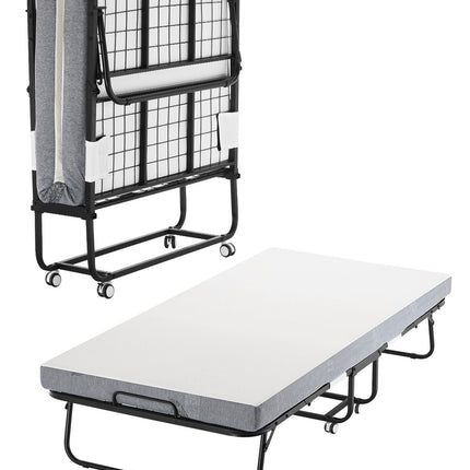 Rollaway Bed, 96.5 cm x 190 cm Folding Bed with 10 cm Mattress, Twin Size Foldable Bed with Sturdy Metal Frame & Memory Foam Mattress, Portable Roll Away Bed with Mattress, for Adults, Guest