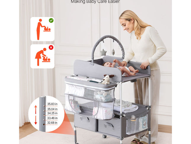 Foldable Height-Adjustable Baby Changing Table with 2 Drawers & Lockable Wheels ‚Äì Light Grey