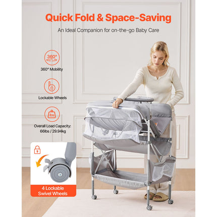 Baby Changing Table, Foldable Diaper Change Station with 2 Fabric Drawers, Side Basket & Hanging Rod, Adjustable Height Portable Changing Table with Lockable Wheels & 2 Star Toys, Light Gray