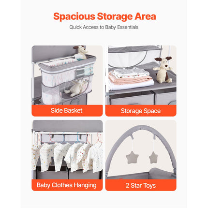 Baby Changing Table, Foldable Diaper Change Station with 2 Fabric Drawers, Side Basket & Hanging Rod, Adjustable Height Portable Changing Table with Lockable Wheels & 2 Star Toys, Light Gray