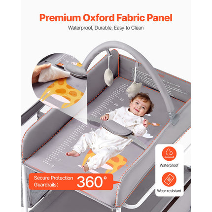 Baby Changing Table, Foldable Diaper Change Station with 2 Fabric Drawers, Side Basket & Hanging Rod, Adjustable Height Portable Changing Table with Lockable Wheels & 2 Star Toys, Light Gray