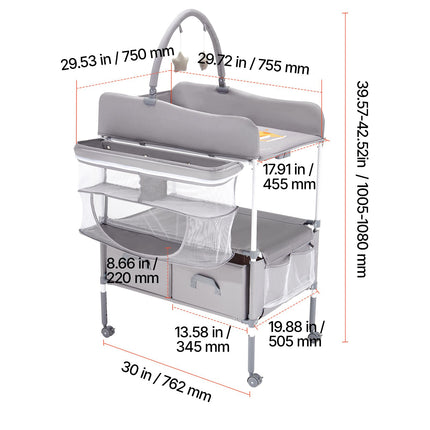 Baby Changing Table, Foldable Diaper Change Station with 2 Fabric Drawers, Side Basket & Hanging Rod, Adjustable Height Portable Changing Table with Lockable Wheels & 2 Star Toys, Light Gray