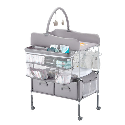 Baby Changing Table, Foldable Diaper Change Station with 2 Fabric Drawers, Side Basket & Hanging Rod, Adjustable Height Portable Changing Table with Lockable Wheels & 2 Star Toys, Light Gray