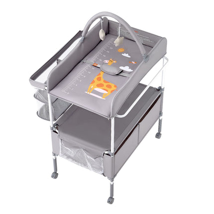 Baby Changing Table, Foldable Diaper Change Station with 2 Fabric Drawers, Side Basket & Hanging Rod, Adjustable Height Portable Changing Table with Lockable Wheels & 2 Star Toys, Light Gray