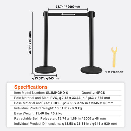 Crowd Control Stanchions, 6-Pack Crowd Control Barriers with 3PCS 6.5FT Black Retractable Belts, Plastic Stanchion Queue Post, Belt Barriers Line Divider Stanchion Set for Airport, Exhibition