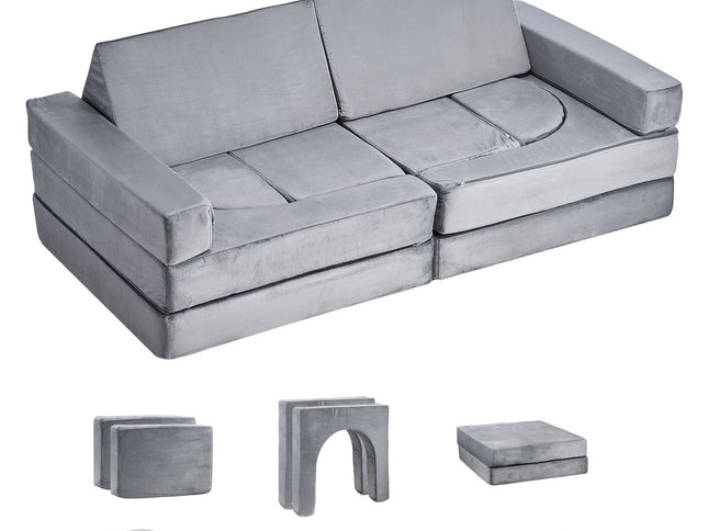 Modular Kids Play Couch with Armrests ‚Äì 14 Pieces, 28D Sponge & Short Pile, Grey