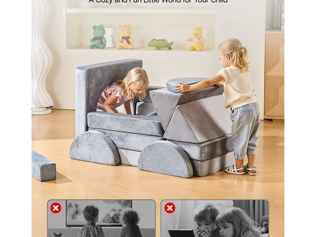 Modular Kids Play Couch with Armrests ‚Äì 14 Pieces, 28D Sponge & Short Pile, Grey