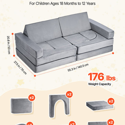 Modular Kids Play Couch, Sectional Toddler Sofa with Armrests, 28D Sponge & Short Pile, Convertible Kids Modular Couch DIY Creative Combination for Playroom, Bedroom, Living Room, 14 Pcs, Gray