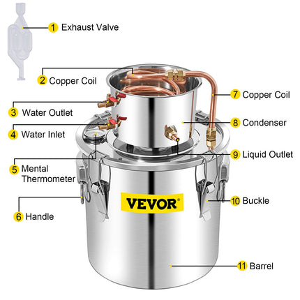 50L Water Alcohol Distiller Copper Moonshinestill Brewing w/ Water Pump