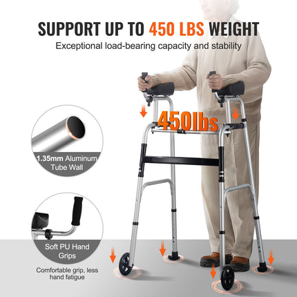 2-in-1 Folding Aluminium Walker with Removable Armrests ‚Äì Adjustable Height, 5in Wheels, 450lbs Capacity