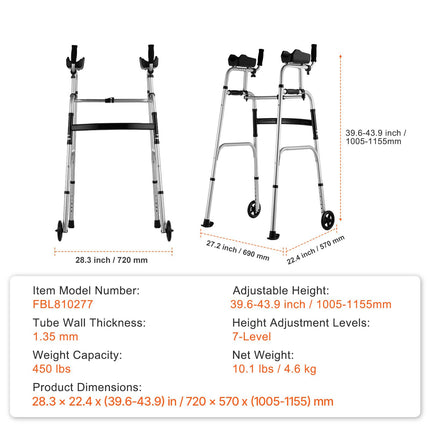 2-in-1 Folding Aluminium Walker with Removable Armrests ‚Äì Adjustable Height, 5in Wheels, 450lbs Capacity