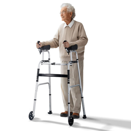 2-in-1 Folding Aluminium Walker with Removable Armrests ‚Äì Adjustable Height, 5in Wheels, 450lbs Capacity