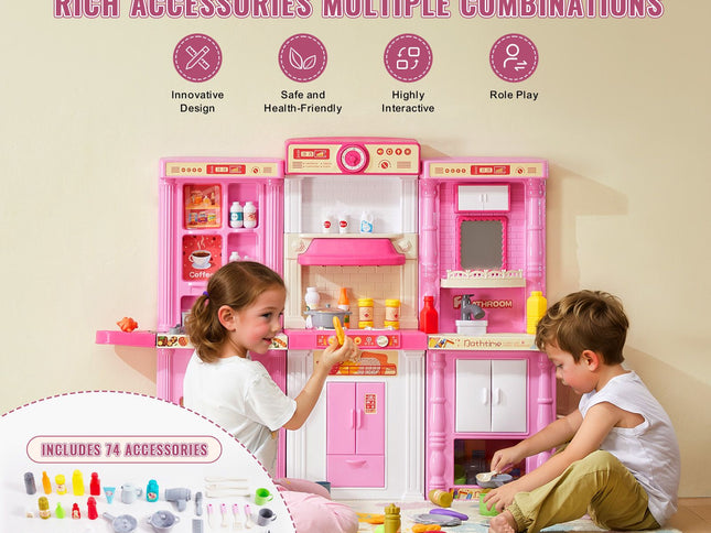 Kitchen Playset Kids Pretend Cooking Play Toy 74 Piece Accessories Pink