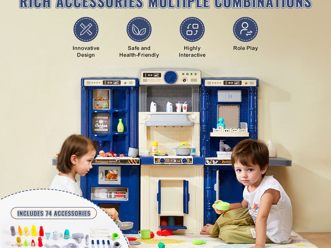 Kitchen Playset Kids Pretend Cooking Play Toy 74 Piece Accessories Blue