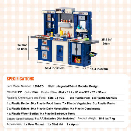 Kitchen Playset Kids Pretend Cooking Play Toy 74 Piece Accessories Blue