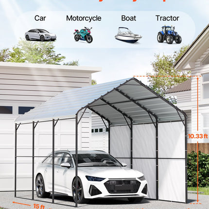 VEVOR Heavy Duty Metal Carport, 10' x 15' Outdoor Carport with Galvanized Steel Frame & Roof, Car Tent Garage Shade with Removable Sidewalls, Multi-Use Car Shelter for Pickup, Boat, Car & Tractors