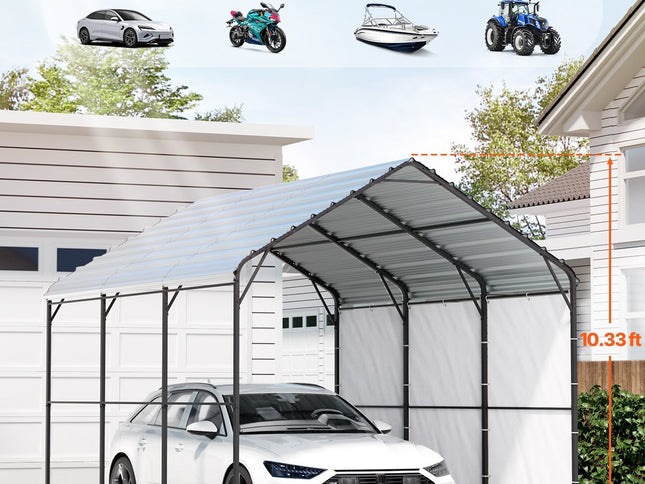 VEVOR Heavy Duty Metal Carport, 10' x 15' Outdoor Carport with Galvanized Steel Frame & Roof, Car Tent Garage Shade with Removable Sidewalls, Multi-Use Car Shelter for Pickup, Boat, Car & Tractors