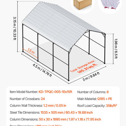 VEVOR Heavy Duty Metal Carport, 10' x 15' Outdoor Carport with Galvanized Steel Frame & Roof, Car Tent Garage Shade with Removable Sidewalls, Multi-Use Car Shelter for Pickup, Boat, Car & Tractors