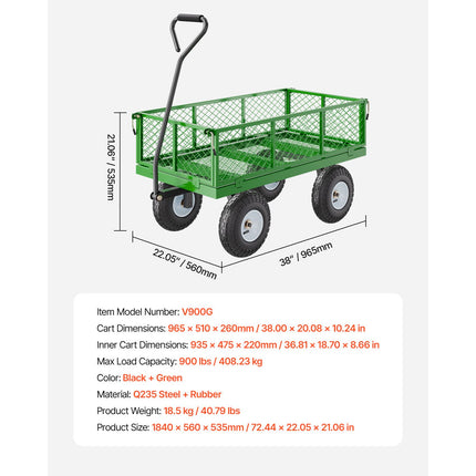 900 Lbs Steel Garden Cart on Wheels, Heavy Duty Pullable Garden Wagon Yard Cart, Outdoor Metal Utility Wagon with 10" Tires and Mesh Removable Sides(Convert to Flatbed), and 180°Rotating Handle