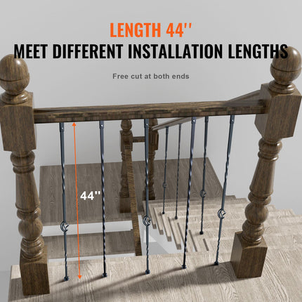 Staircase Metal Balusters, 44'' x 1/2" Galvanized Steel Decorative Banister Spindles, 10 Pack Deck Baluster with Hollow Single Baskets, Twists, Spiral Stair Railing w/ Shoes & Screws