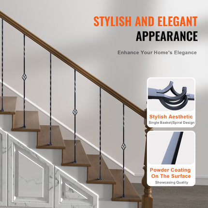 Staircase Metal Balusters, 44'' x 1/2" Galvanized Steel Decorative Banister Spindles, 10 Pack Deck Baluster with Hollow Single Baskets, Twists, Spiral Stair Railing w/ Shoes & Screws