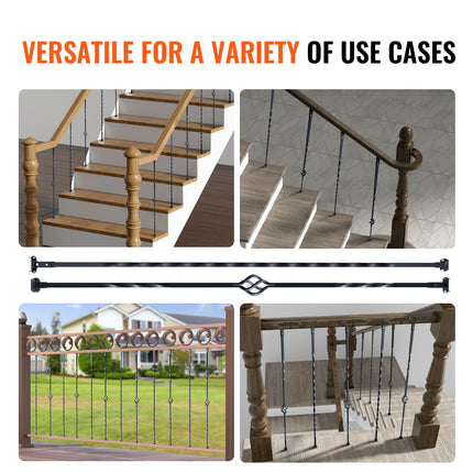 Staircase Metal Balusters, 44'' x 1/2" Galvanized Steel Decorative Banister Spindles, 10 Pack Deck Baluster with Hollow Single Baskets, Twists, Spiral Stair Railing w/ Shoes & Screws