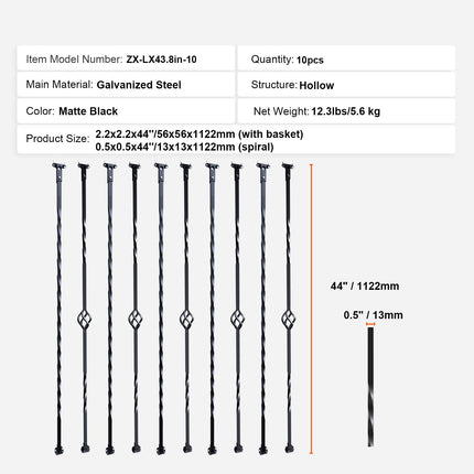 Staircase Metal Balusters, 44'' x 1/2" Galvanized Steel Decorative Banister Spindles, 10 Pack Deck Baluster with Hollow Single Baskets, Twists, Spiral Stair Railing w/ Shoes & Screws