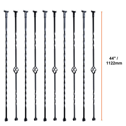 Staircase Metal Balusters, 44'' x 1/2" Galvanized Steel Decorative Banister Spindles, 10 Pack Deck Baluster with Hollow Single Baskets, Twists, Spiral Stair Railing w/ Shoes & Screws
