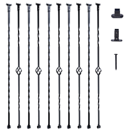 Staircase Metal Balusters, 44'' x 1/2" Galvanized Steel Decorative Banister Spindles, 10 Pack Deck Baluster with Hollow Single Baskets, Twists, Spiral Stair Railing w/ Shoes & Screws