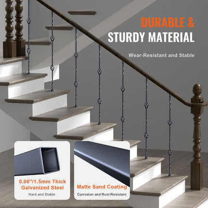 Staircase Metal Balusters, 44'' x 1/2" Galvanized Steel Decorative Banister Spindles, 10 Pack Deck Baluster with Hollow Double Baskets, Spiral Stair Railing with Shoes & Screws