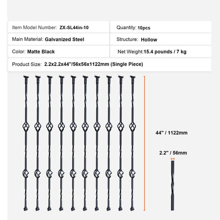 Staircase Metal Balusters, 44'' x 1/2" Galvanized Steel Decorative Banister Spindles, 10 Pack Deck Baluster with Hollow Double Baskets, Spiral Stair Railing with Shoes & Screws