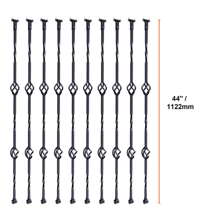 Staircase Metal Balusters, 44'' x 1/2" Galvanized Steel Decorative Banister Spindles, 10 Pack Deck Baluster with Hollow Double Baskets, Spiral Stair Railing with Shoes & Screws
