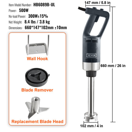 Commercial Immersion Blender, 500 Watt Heavy Duty Hand Mixer, Variable Speed Kitchen Stick Mixer with 304 Stainless Steel Blade, Multi-Purpose Portable Mixer for Soup, Smoothie, Puree, Baby Food