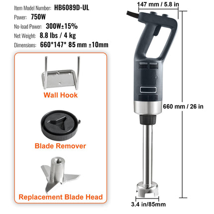 Commercial Variable-Speed Immersion Blender with 304 Stainless Steel Blade ‚Äì 750W, 12in