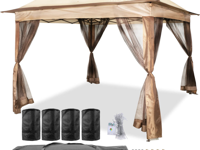 VEVOR Outdoor Canopy Gazebo Tent, Portable Canopy Shelter with 11\'x11\' Large Shade Space for Party, Backyard, Patio Lawn and Garden, 4 Sandbags, Carrying Bag and Netting Included, Brown