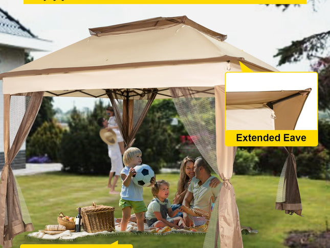 VEVOR Outdoor Canopy Gazebo Tent, Portable Canopy Shelter with 11\'x11\' Large Shade Space for Party, Backyard, Patio Lawn and Garden, 4 Sandbags, Carrying Bag and Netting Included, Brown