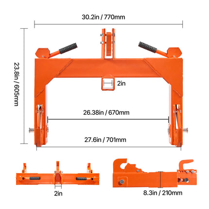 3-Point Quick Hitch with 2 in Receiver, 3000 Lbs Lift Capacity, 3-Pt Hitch with 5 Level Adjustable Bolt, Adaptation to Category 1 & 2 Tractor, Heavy Duty 3 Point Attachments, Orange