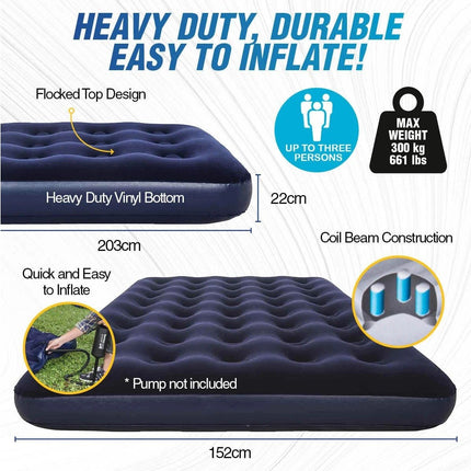 Bestway 2.03m x 1.52m x 22cm Air Mattress Queen Inflatable Air Bed Indoor/Outdoor Heavy Duty Durable Camping