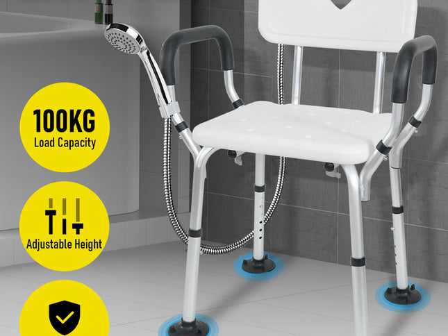 Shower Seat Bath Chair Adjustable Height Non-Slip Shower Bathtub Seat with Padded Arms Removable Back for Elderly Medical Disabled Safety Bathroom