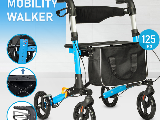 Alston 2 In 1 Foldable X-Fold Mobility Walker Rollator Chair Aid 8 Inch Wheel Max Load 136KG with Zippered Storage Bag for Elderly Seniors Indoor Outdoor Use