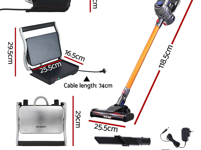 Devanti K7 Cordless Stick Vacuum Cleaner plus Sandwich Maker Panini Press