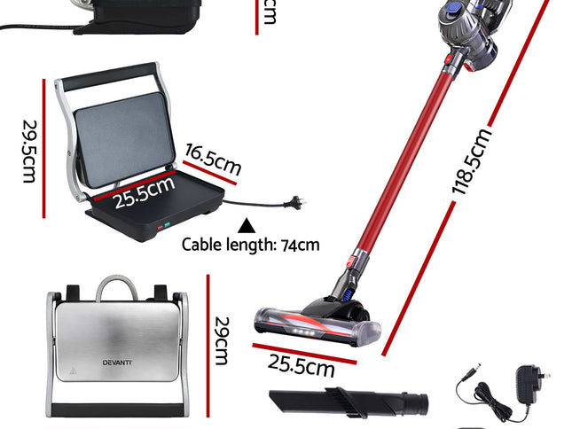 Devanti K7 Cordless Stick Vacuum Cleaner plus Sandwich Maker Panini Press