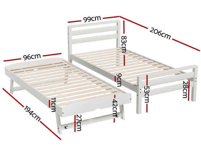 Artiss Bed Frame Single Size 2-in-1 Trundle Wooden White AVIS