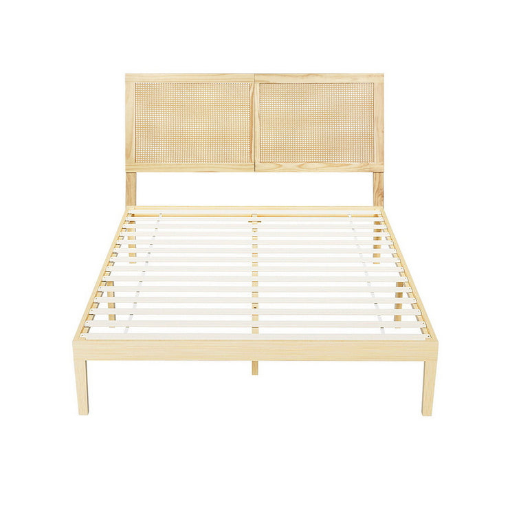 Artiss Bed Frame Double Size with Rattan Headboard Wooden Bed Base BRUNO