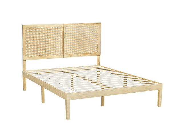 Artiss Bed Frame Double Size with Rattan Headboard Wooden Bed Base BRUNO
